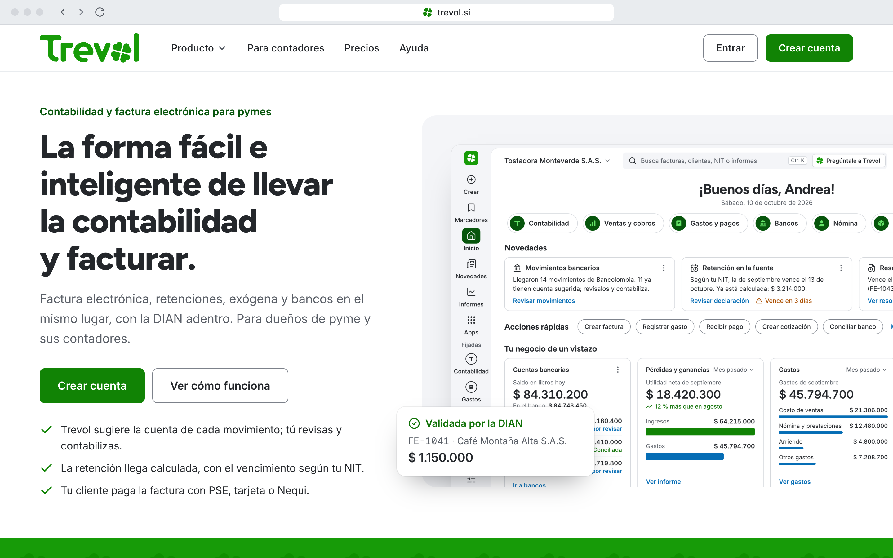 Maqueta de la página de inicio de trevol.si en el escritorio: encabezado blanco con el logotipo, el menú y los botones Entrar y Crear cuenta; el titular «La forma fácil e inteligente de llevar la contabilidad y facturar.», la entrada sobre la DIAN, dos botones y tres pruebas con su chulo; a la derecha, la pantalla de Inicio de la plataforma sobre un panel Niebla, con el aviso «Validada por la DIAN» de la factura FE-1041; abajo empieza la banda Verde Trevol. Maqueta ilustrativa con datos de ejemplo.